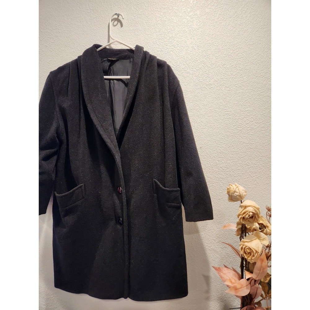 Vintage 70s Italian Wool Blend‎ Coat Black Structured Shoulder Womens 8
